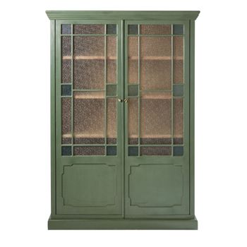 Vitrina verde de acacia maciza con 2 puertas de vidrio