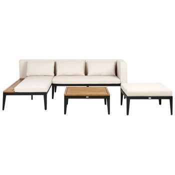 Conjunto De Jardín 3 Plazas De Madera De Acacia Certificada Sofá Esquinero Con Mesa De Centro Y Otomana Cojines Beige Claro Derecho Bracciano