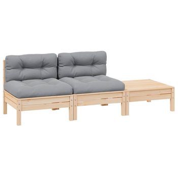 Conjunto De Muebles De Jardín 3 Uds | Mesa Y Sillas Con Cojines Gris Madera Pino