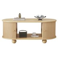 mesa de centro ovalada con almacenaje y puertas corredizas - madera natural - ahorra espacio