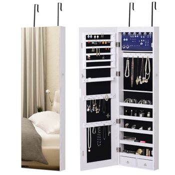 HOMCOM Espejo Joyero Colgante de Pared o Puerta con LED 5 Estantes 2 Cajones Pequeños Espejo Armario Montado con Cerradura 37x120x10cm   Aosom España