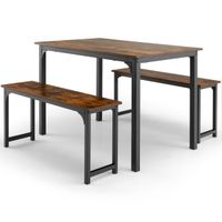 costway juego de mesa de comedor de 3 piezas con marco de metal mesa de comedor y 2 bancos para 2-4 personas muebles de mesa para cocina marron