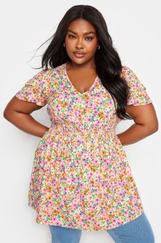 Yours Top Peplum De Florecitas Rosas Y Naranjas, Mujer Curvy Y Tallas Grandes, Yours