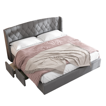 Cama Con Cabecero Y 4 Cajones - 180 X 200 Cm - Terciopelo - Somier - Gris