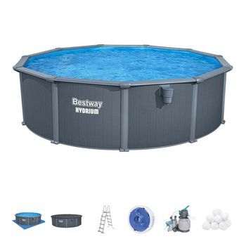Piscina Desmontable Redonda De Acero Bestway Hydrium Ø488 X 132 Cm Con Depuradora De Arena 6.056 L/h, Lona De Fondo, Cobertor Y Escalera