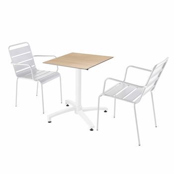 Mesa De Jardín De Madera Laminada De Roble Y 2 Sillones Blancos, Opéra - Oviala