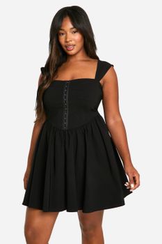 Vestido Plus Mini De Tela Elástica Estilo Corsé De Manga Corta, Negro