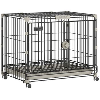 PawHut Jaula para Perros Plegable con Ruedas y Bandeja Extraíble Puerta Deslizante Techo Abatible 60,5x45,5x54,5 cm Negro