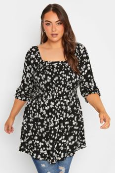 Yours Top Negro De Margaritas Con Escote Cuadrado, Mujer Curvy Y Tallas Grandes, Yours