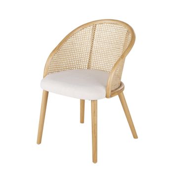 Sillón de comedor de haya, ratán y tela cruda
