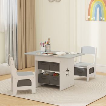 Mesa Infantil Con 2 Sillas Con 6 Cajones De Tela Gris Claro Aiyaplay