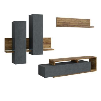 Conjunto De Muebles Para Sala Con Led Colección Bergamo. Color Gris Y Roble Oscuro.