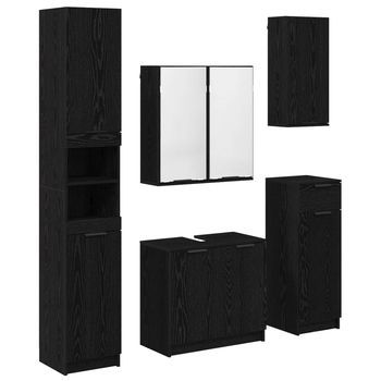 Juego De Muebles De Baño | Armario De Baño 5 Piezas Roble Negro Madera De Ingeniería