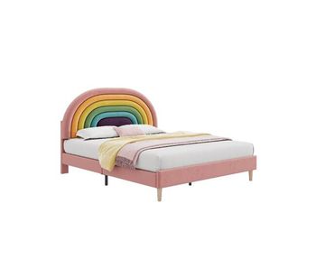 Cama juvenil de terciopelo 140x200cm con cabecera de altura ajustable,en forma de arcoiris,rosa