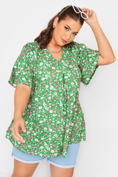 Yours Top Verde De Pico Con Flores, Mujer Curvy Y Tallas Grandes, Yours