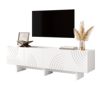 Mueble De Tv Blanco 170 Cm Con 4 Puertas Y Relieve Decorativo, Mesa De Tv Mdf
