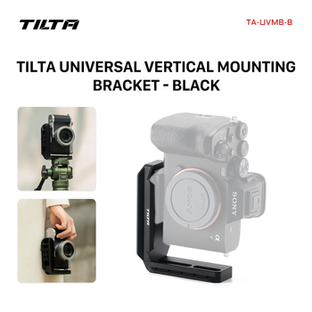 Soporte universal para montaje vertical de cámaras Tilta, con sistema de liberación rápida y placa en forma de L, compatible con Sony, Canon, Panasonic y Fujifilm.