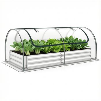 Costway Cama Elevada para Jardín Galvanizada con Cubierta Mini Invernadero y 2 Puertas Enrollables para Hierbas Vegetales Frutas