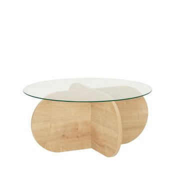 Mesa de centro redonda vidrio templado y madera ø75cm - madera clara