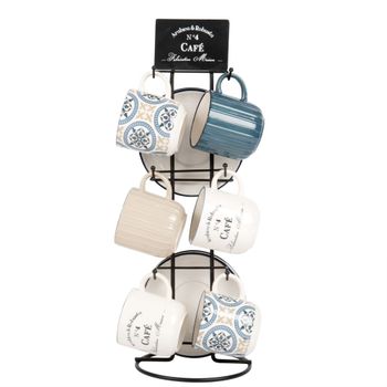 Set de 6 tazas de cerámica blanca y azul con motivos decorativos y soporte de metal