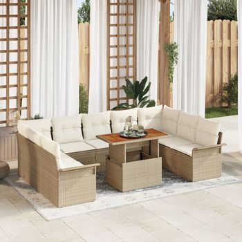 Conjunto De Comedor De Jardín De 10 Piezas Con Cojines Beige Ratán Poliéster V4929 Unico / Beige