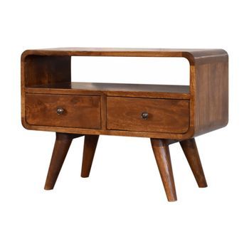 Mueble Multimedia Curvo De Madera Maciza, Estilo Artesanal, Mini, Con 2 Cajones, Color Castaño.