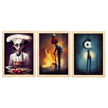 Set De 3 Posters Destreza Al Estilo De T Burton Ilustraciones De Profesiones Y Oficios Inspiradas En Arte Gótico Y Oscuro Diseño Y Decoración De Interiores A3 Marcos Madera Clara Nacnic