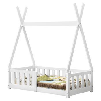 [en.casa]® Cama Para Niños Pequeños - Cama Infantil - 140x70cm - Estructura Tipi De Madera Pino - Con Reja De Seguridad - Blanco Mate