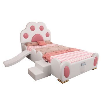 Cama Infantil Con Tobogán Y Escalera, Cama Tapizada 90x200 De Pu, Cama Individual Rosa Y Blanca