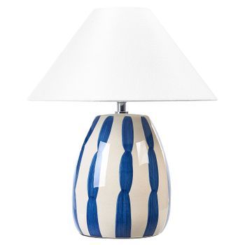 Lámpara De Mesa De Cerámica Beige Azul Blanco 43 Cm A Mano Pantalla Cónica Luchetti