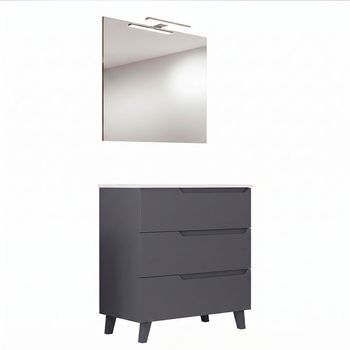 Kibath Mueble De Baño Con Lavabo, Espejo Y Aplique Led Victoria 100x45 Cm Acabado Grafito Mate 3 Cajones Con Patas