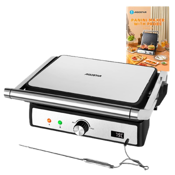 Aigostar Max Pro - Grill, Parrilla Eléctrica, Panini, Tostadora, Sandwichera con Sonda de Alimentos. Placas antiadherentes extraíbles, 2000W, control automático de temperatura, apertura plana de 180°