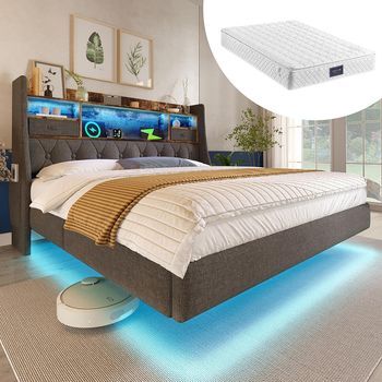 Cama Suspendida 140 X 200 Cm Led Cabecero Con Almacenamiento 1 Tipo C + 3 Usb – Cama Doble Lino Gris (con Colchón)