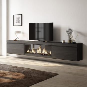 Mueble tv efecto madera negro 267x35x45cm chimenea efecto fuego