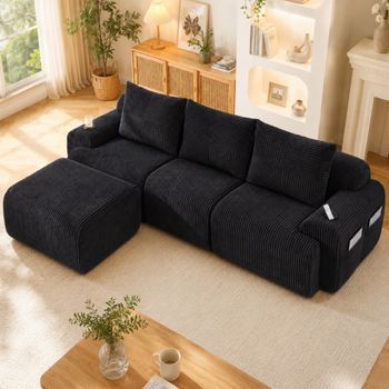 Sofá Modular De 3 Plazas Negro De Pana, 268 × 174 × 80 Cm, Con Reposapiés