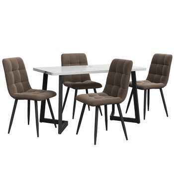 Conjunto De Mesa Efecto Mármol De 117 Cm Y 4 Sillas Marrones De Terciopelo