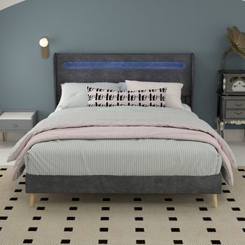 Cama Doble Tapizada Con Cabecero Luminoso Led, 140x200 Cm, Gris, Base Baja Sin Almacenamiento Para Adultos