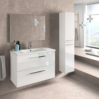 Juego De Mueble De Baño Lavabo Suspendido 2 Cajones, Espejo, Lavamanos De Cerámica Y Columna Auxiliar De Aseo, Frontales Acabados En Blanco Brillo