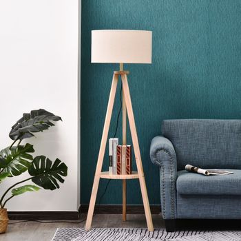 Lámpara De Pie Trípode De Madera Con Pantalla De Tela Beige Homcom