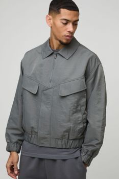 Chaqueta Harrington Oversize Recta De Nailon Aterciopelada Con Bolsillos, Gris