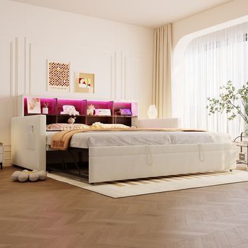 Sofá-cama Tapizado Con Almacenamiento Integrado, Iluminación Led, Puertos Usb, Cama Nido, Terciopelo Beige, 90x190 Cm