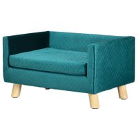 pawhut sofa para perros pequenos 64x45x36 cm tapizado en terciopelo con cojin lavable y patas de madera de abedul azul verdoso