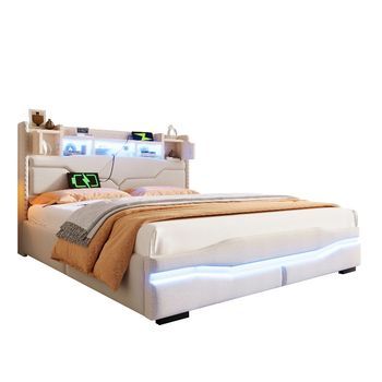 Cama Tapizada 160x200 Con Almacenamiento Hidráulico, Luces Led, Puertos Usb Y Enchufes, Lino Y Mdf, Beige