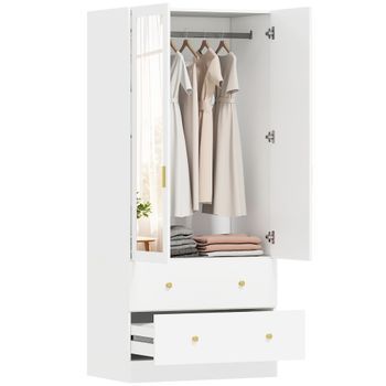 Armario Ropero De 2 Puertas Con Espejo De Melamina Y Mdf, 80 X 50 X 180 Cm – Blanco