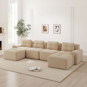 Sofá Modular De Pana 4 Plazas Beige Con Chaise Longue En Forma De U
