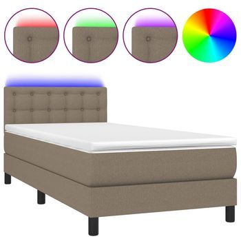 Cama Individual | Cama Box Spring | Cama Para Adultos Colchón Y Luces Led Tela Gris Taupe 100x200 Cm