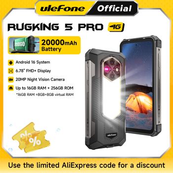 Ulefone RugKing 5 Pro, teléfono resistente con batería de larga duración de 20000 mAh, Android 16, 16 GB de RAM, 256 GB de ROM, IP68/IP69K, pantalla de 6,78 pulgadas, 4G global.