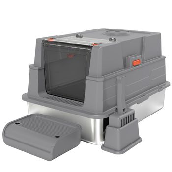 PawHut Arenero XXL de Acero Inoxidable de 130L con Tapa Abatible de 180° Laterales Altos con Pala y Pedal 70x50x43 cm Gris   Aosom España
