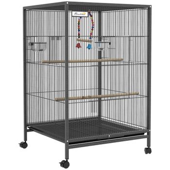 PawHut Jaula para Pájaros con Ruedas con Comederos Perchas Columpio Estante y Bandeja Extraíble 48x64x74 cm Gris