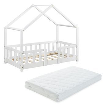 Cama Para Niños De Madera Pino Treviolo Con Colchón Ortopédico - 70 X 140 Cm - Cama Infantil - Con Reja Protectora - Casita - Forma De Casa - Blanco Lacado Mate [en.casa]®